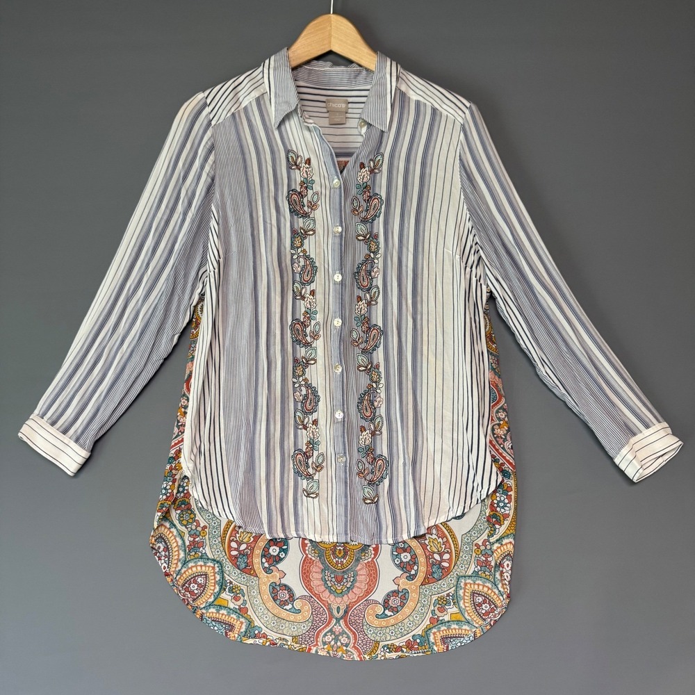 Chicos Womens Size 1 Striped Paisley Mixed Media Embroidered Tunic Shirt Blue